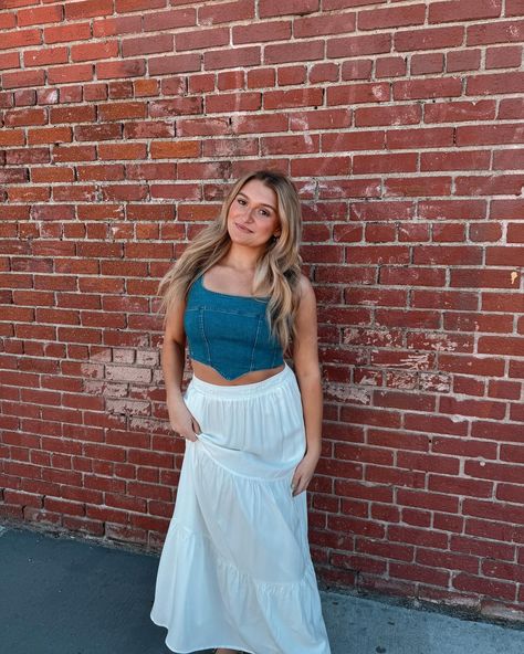 Spring uniform: denim top + flowy maxi skirts 💐✨☀️ Tap to shop!💫 #sierrabelleboutique Skirt Spring Outfits, Country Concert Outfit Summer, Spring Uniform, Maxi Skirt Spring, Concert Outfit Summer, Flowy Maxi Skirts, White Maxi Skirts, Country Concert Outfit, Country Concerts