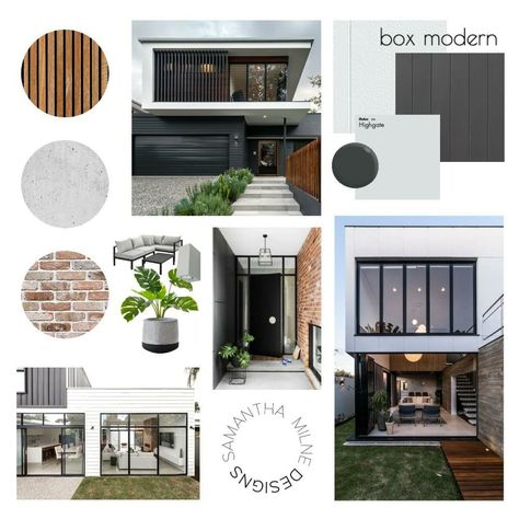 Mood Board For Exterior Elevation, Modern Muji House Exterior, Exterior Moodboard Architecture, Industrial Textures Moodboard, Modern House Exterior Materials, Exterior Facade Mood Board, Material Palette Architecture Exterior, Exterior Material Board, Modern Industrial Mood Board