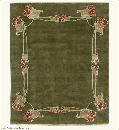 The Bromley - This Archibald Knox carpet exemplifies his gradual transition toward Art Nouveau while retaining elements of Arts & Crafts. In dark olive ground with a border in terracotta, taupe, spruce, and chestnut brown | JV Craftsmen Bungalow, Celtic Revival, Glasgow Style, Archibald Knox, Arts And Crafts Style, Arts Crafts Style, Design Movements, Aesthetic Movement, Italy Art