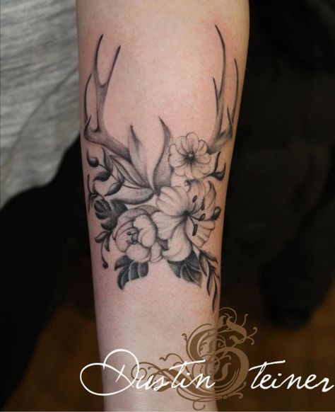 Women Hunting Tattoos, Deer Antler Flower Tattoo, Buck Tattoo For Women, Deer Horn Tattoo For Women, Hunting Memorial Tattoos, Deer Memorial Tattoo, Antler Tattoos For Women, Deer Tattoos For Women Beautiful, Hunting Tattoos For Women