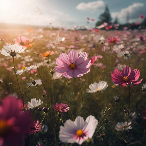 A field of Cosmos in the summer Wild Cosmos Flower, Marianne Dashwood, Lavender Petals, Paint Flowers, Daisy Field, Cosmos Flowers, Pink And White Flowers, Drawing Inspo, African Violets