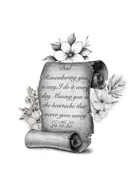 Scroll Paper Tattoo, Memorial Tattoo Sketches, Scroll Design Tattoo, Scroll With Names Tattoo, Scroll Tattoos For Women, Scroll Tattoo For Men, Scroll Tattoo Designs, Scroll Tattoo, Tattoo Scroll