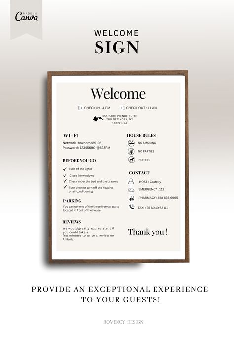 If you own a rental property, you're well aware that guests often come with numerous inquiries! This specially designed welcome sign for Airbnb/VRBO hosts will be strategically positioned to catch your guests' attention upon arrival, ensuring they have immediate access to all essential information, house rules, Wi-Fi details, and check-out instructions. Providing these crucial details in one convenient spot will undoubtedly put vacationers at ease and enhance their overall experience. Vrbo Host, Arrival Poster, Welcome Packet, Airbnb Rentals, Welcome Card, Airbnb Host, Hotel Guest, House Rules, Free Cars