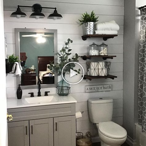 bathroom small #bathroom decor ideas small Small Bathroom Rustic Bathroom Decor Bathrooms Remodel Wooden Bathroom Shelves, Restroom Remodel, Serene Bathroom, Bathroom Farmhouse Style, Restroom Decor, Rustic Bathroom Decor, Upstairs Bathrooms, Bathroom Redo, Farmhouse Bathroom Decor