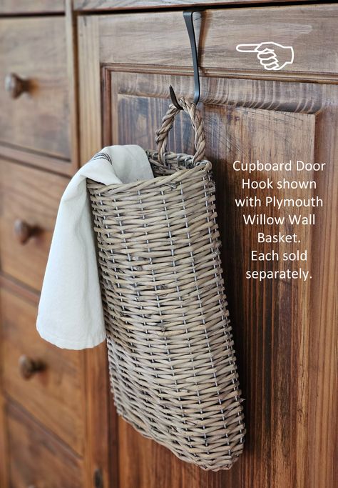 Add a primitive, antique touch to your hutches and cupboards, with this Cupboard Door Hook. This metal hook features a painted matte black finish. Hook hangs over cupboard doors and it can be used to hang a number of items around a home. It's perfect for hanging dish towels for an old farm kitchen look. Hang dried flowers, hand-dripped candles or wreaths around the holidays. Measures 7" high by .25" wide and 2" deep. Click here for Mistletoe and Berry Teardrop French Country Bathroom Accessories, Styling Baskets, Kitchen Hanging Baskets, Old Farm Kitchen, Basket Styling, Cottage Pantry, Hanging Dish Towels, Basket Decor Ideas, Decorate With Baskets