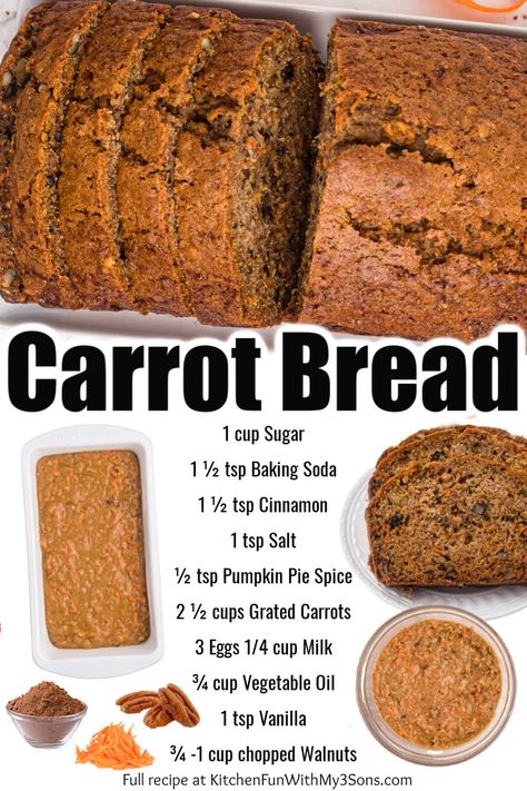 Carrot Bread is a tasty recipe that's similar to carrot cake in bread form. Full of fresh carrots, walnuts, cinnamon and pumpkin pie spice. Great for breakfast or a snack! #Recipes Carrot Walnut Loaf, Carrot Bread Recipe Moist, Sweet Quick Bread, Carrot Recipes Dessert, Carrot Bread Recipe, Fruit Breads, Carrot Cake Bread, Healthy Breads, Carrot Cake Loaf