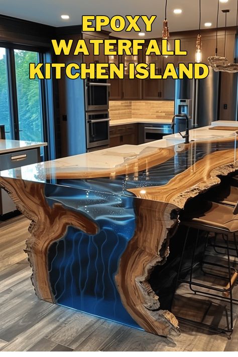 Elevate your kitchen with the allure of epoxy waterfall islands! 😍 Explore the beauty of these modern marvels and get inspired to transform your space. #EpoxyWaterfallKitchenIslands #KitchenDecor #InteriorDesign #HomeImprovement Waterfall Island Kitchen, Waterfall Countertop, Waterfall Island, Contemporary Loft, Wood Table Design, Rustic Farmhouse Kitchen, Kitchen Island Design, Kitchen Themes, Interior Furniture