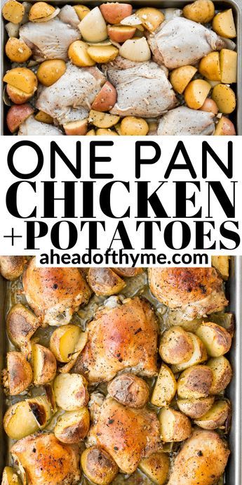 Chicken And Baby Potatoes, One Pan Chicken And Potatoes, Garlic Roasted Chicken, Chicken Thighs In Oven, Oven Roasted Chicken Thighs, Baby Potato Recipes, Oven Baked Chicken Thighs, Potatoes Roasted, Roasted Chicken And Potatoes