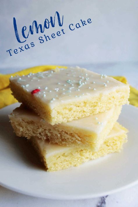 This Lemon Texas Sheet Cake is perfect for feeding a crowd. It is so easy to make and has just the right amount of lemon flavor. Take it to your next BBQ, family reunion or potluck! Lemon Texas Sheet Cake, 9 Inch Cake Recipe, Lemon Sheet Cake Recipe, Easy Sticky Bun Recipe, Lemon Cake Easy, Texas Sheet Cake, Lemon Dessert Recipes, Sheet Cake Recipes, Warm Cake