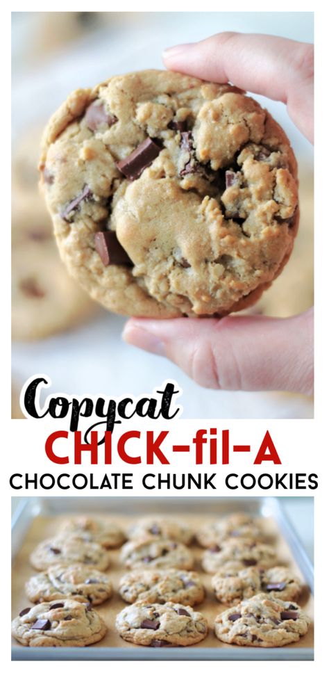 Copycat Chick-fil-A Chocolate Chunk Cookies Bills Chocolate Chip Cookies, Chic Fil A Chocolate Chip Cookie Recipe, Cookie Fix Copycat, Chickfila Cookie Recipe, Chick Fil A Chocolate Chip Cookie Recipe, Copycat Chick Fil A Cookies, Chickfila Cookies, Chocolate Chunk Cookies Recipe, Copycat Cookies