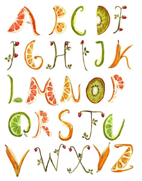 Fruit Alphabet, Fruit Letters, Art Topics, Food Font, Food Lettering, Food Typography, Graffiti Wildstyle, Name Paintings, Doodle Letters