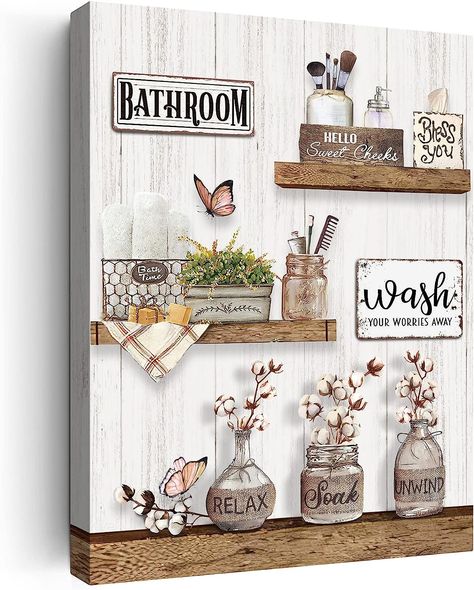 Farmhouse Bathroom Decor Material: Bathroom Signs Made of 100% Cotton Canvas With Strong Stretch, Clear Texture, High-Definition Printing. With Solid Wood Frame. Bathroom Pictures This Beautiful Decorative Artwork Print Adds Character, Warmth, And A Little Fun To Your Home And Office. Country Bathroom Wall Decor, Rustic Farmhouse Bathroom Decor, Butterfly Bathroom, Bathroom Flowers, Bathroom Decor Wall Art, Frame Bathroom, Country Bathroom Decor, Bathroom Decor Wall, Bathroom Wall Decor Art