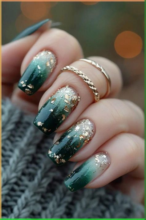 Green Gold Ombre Nails, Green And Gold Ombre Nails, Pink And Green Ombre Nails, Green And Gold Nails Ideas, Gold Green Nails, Green Wedding Nails, Green Ombré Nails, Peter Pan Nails, Green And Gold Nail Designs