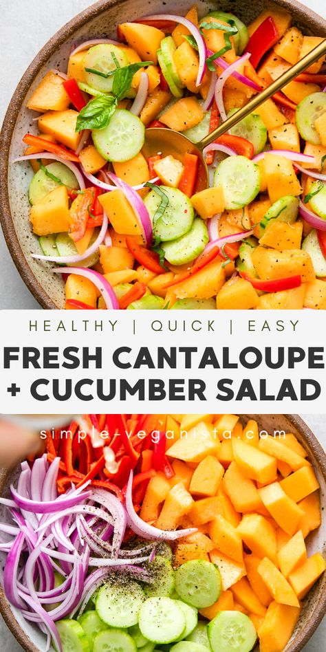 Cantaloupe Cucumber Salad, Cantaloupe Recipes, Cucumber Recipes Salad, Vegan Salad, Summer Salad, Cucumber Salad, Healthy Salad Recipes, Summer Salads, Delicious Salads