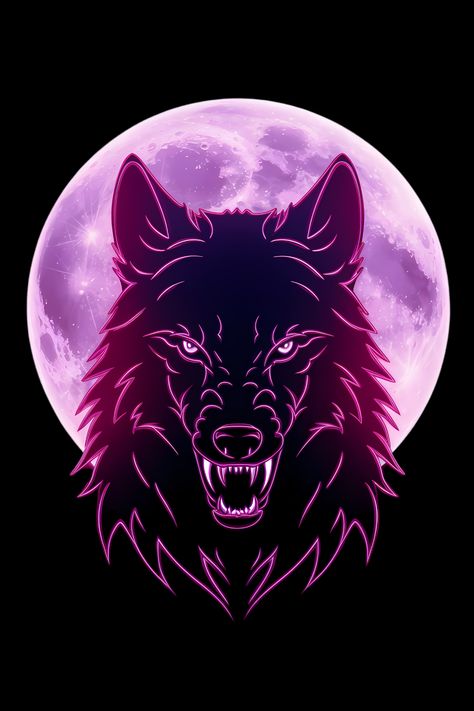 Embrace the mystique of the night with this striking "Pink Wolf and Full Moon" design, featuring a neon wolf against a glowing full moon backdrop. Perfect for wildlife enthusiasts, fantasy art lovers, and anyone captivated by the beauty of the night sky. Wolf Purple, Full Moon Design, Pink Wolf, Moon Backdrop, Abstract Wolf, Neon Wolf, Neon Moon, The Night Sky, Moon Design