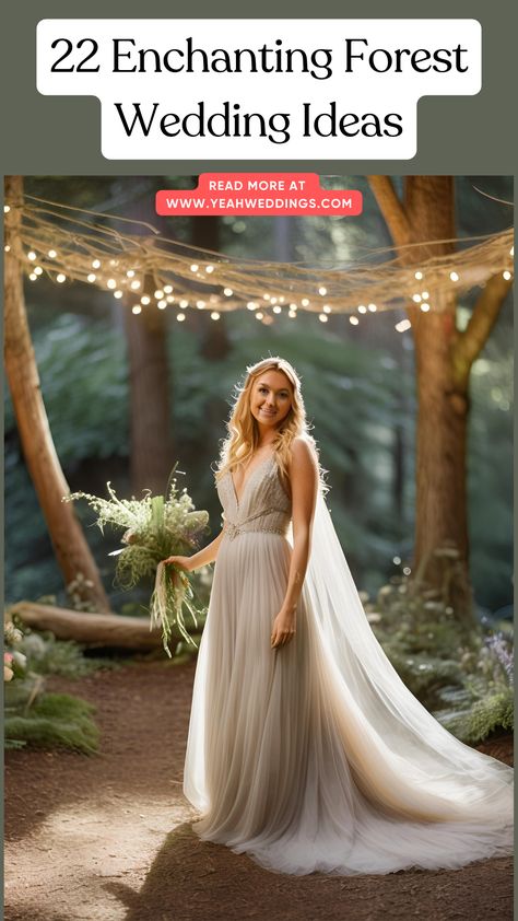 A stunning bride stands beneath a beautifully decorated wedding arbor, featuring rustic wooden arches adorned with flowers and elegant draped fabrics, creating a magical backdrop for the ceremony. Woodland Fairy Themed Wedding, Outdoor Forest Wedding Ceremony, Forest Inspired Wedding Dress, Rustic Forest Wedding Decor, Whimsical Garden Wedding Dress, Enchanted Forest Bridesmaids Dresses, Weddings In The Woods, Nature Wedding Theme, Fairy Forest Wedding