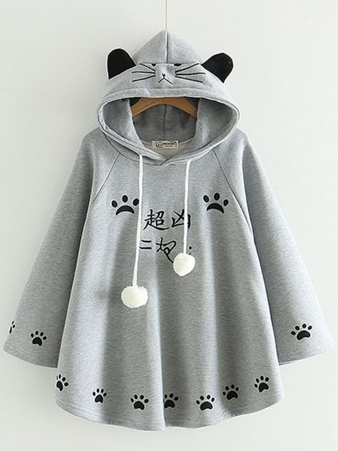 Print Cat Claw Japanese Ear Hooded Poncho Sweatshirt Gray Bunny, Fleece Poncho, Grey Poncho, Hooded Poncho, Style Japonais, Sleeveless Cardigan, Knit Turtleneck Sweater, Cropped Sweatshirt, Knitting Girls