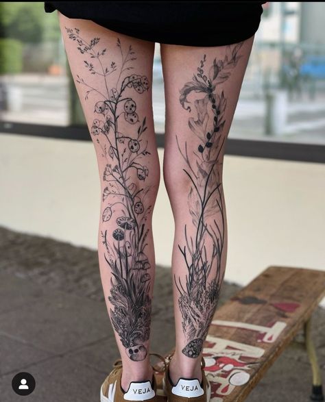 Identity Tattoo Ideas, Forest Leg Tattoos Women, Smoky Tattoo Sleeve, Leg And Back Tattoo, Black And White Vine Tattoo, Flowers Growing Up Legs Tattoo, Leg Bone Tattoo, Leg Plant Tattoo, Nature Theme Tattoo