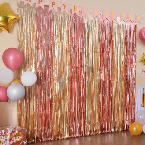 Amazon.com : LOLStar 2 Pack Rose Gold Birthday Decorations, 3.3x6.6ft Pink and Gold Foil Fringe Curtains, Tinsel Streamers Backdrop Photo Booth Props for Bridal Shower Ballerina Valentine's party Decor : Electronics Rose Gold Foil Curtain, Sequin Wall Backdrop, Shimmer Wall Backdrop, Gold Birthday Decorations, Sequin Wall, Curtain Backdrop, Valentines Party Decor, Streamer Backdrop, Foil Curtain