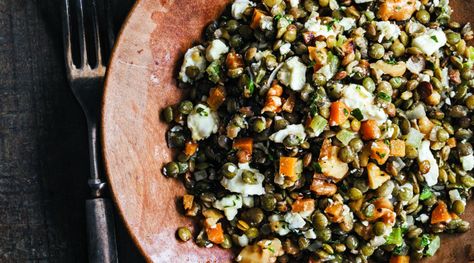 French Lentil Salad with Goat Cheese and Walnuts.  From The Splendid Table, the show about life French Lentil Salad, Salad With Goat Cheese, French Green Lentils, Paris Kitchen, French Lentils, Lentil Salad, Goat Cheese Salad, Main Dish Salads, Serious Eats