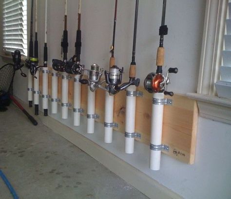 Fishing Pole Organization Ideas, Fishing Rod Organization Ideas, Pvc Fishing Rod Storage, Fishing Storage Ideas Garage, Garage Fishing Rod Storage, Fishing Rod Holders For Garage, Fishing Pole Storage Diy, Fishing Storage Ideas, Fishing Pole Holder Diy