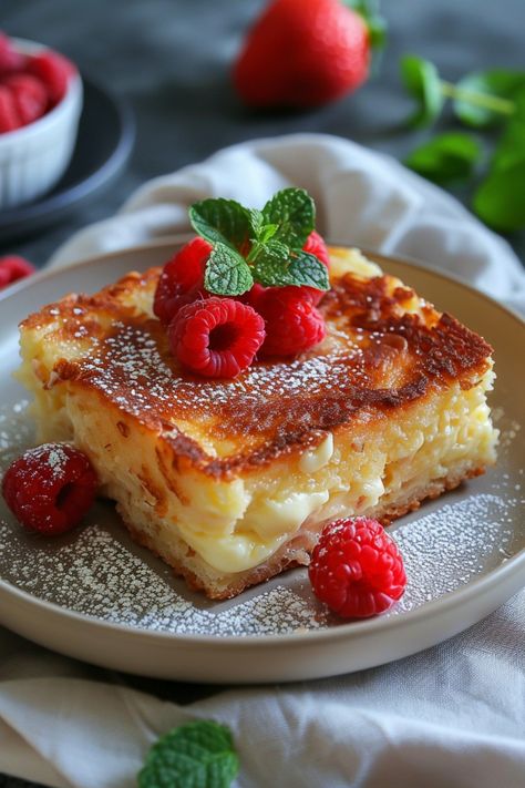 Cheesecake topped with fresh raspberries, mint leaves, and powdered sugar. Air Fryer Custard Toast, Custard Yogurt Toast, Yogurt Custard, Custard Toast, Ibs Friendly Food, Guava Recipes, Crispy Air Fryer Chicken, Air Fryer Vegetables, Yorkshire Pudding Recipes