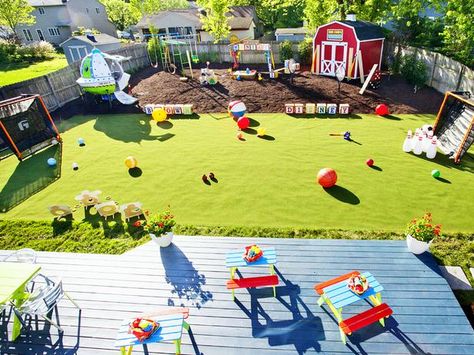 Kids Outdoor Spaces, Playground Landscaping, Family Backyard, Backyard Layout, Blue Patio, Home Daycare, Backyard Playground, Backyard Retreat, Ponds Backyard