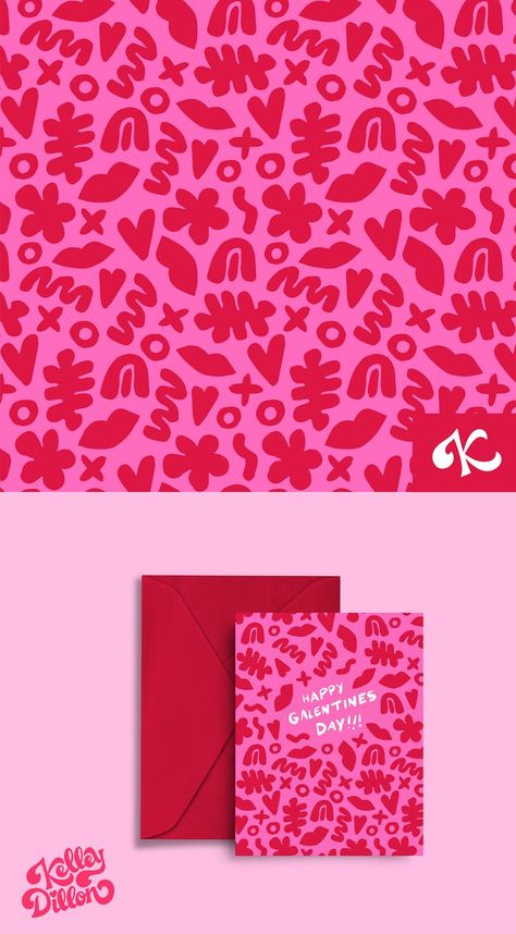 Colorful Valentine's Day Card to send your best gals this February. "Happy Galentine's Day" Valentine's Day artwork created by Kelley Dillon. The front of the card features a funky red pattern with hearts, lips, Xs and Os, flowers, and other abstract shapes on a pink background and text that reads "HAPPY GALENTINES DAY!!!" A5 or A4 High quality 350 gsm paper Contemporary matte finish. Graphic Design Valentines Day, Red And Pink Pattern, Valentine Packaging Design Boxes, Pink Red Branding, Valentines Day Design Graphic, Valentines Graphic Design, Valentines Day Graphic Design, Valentines Packaging, Valentine Packaging