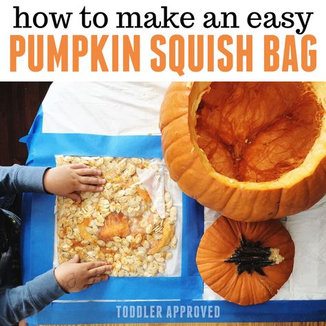 Pumpkin Squish Bag for Toddlers - Toddler Approved Halloween Activities For Preschoolers, Easy Halloween Activities, Halloween Toddler Party, Pumpkin Guts, Halloween Activities Preschool, Halloween Sensory, Sensory Art, Dollar Store Halloween, Activities For Preschoolers