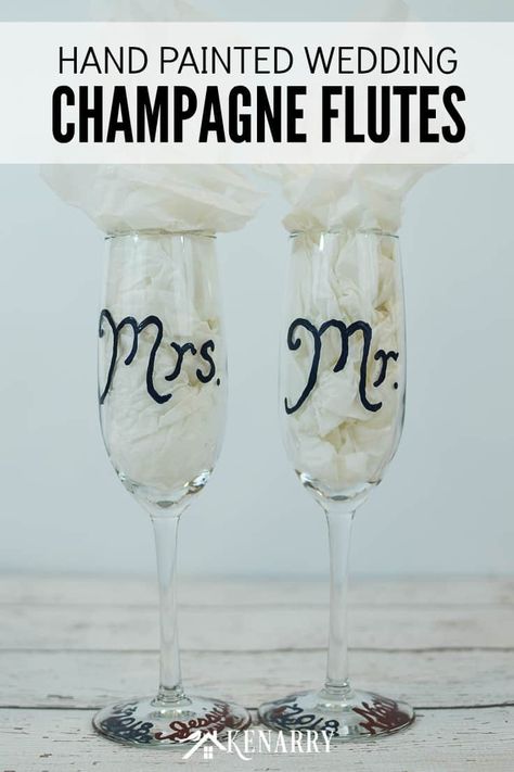 Learn how to make personalized hand painted champagne flutes. These Mr. and Mrs. toasting glasses are an easy DIY gift for the bride and groom, perfect for a bridal shower, wedding or anniversary. #weddinggifts #weddingideas #weddingreception #handpainted Bride And Groom Glasses Diy, Wedding Champagne Flutes Diy, Bride And Groom Champagne Glasses Diy, Painted Champagne Flutes, Bride And Groom Glasses Champagne Flutes, Hand Painted Champagne Flutes, 1st Wedding Anniversary Gift, First Wedding Anniversary Gift, Silhouette Diy