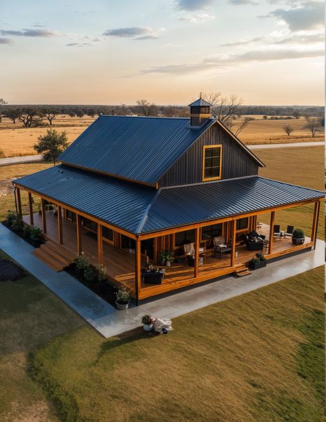 Countryside Porch Dreams Wrap Around Porch With Gazebo, Small Farmhouse With Wrap Around Porch, Small Barndominium Ideas With Wrap Around Porch, Farmhouse Exterior Wrap Around Porches, House Exterior Wrap Around Porch, Farmhouses With Porches, Wrap Around Porch Barndominium, Wrapped Around Porch, Barndominium Wrap Around Porch