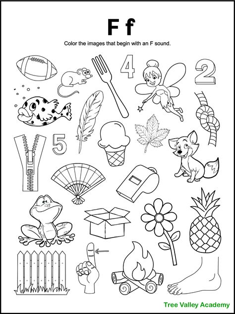 A free printable letter F coloring page for kindergarten. Students will need to color the images whose initial sound is an /f/ sound. The letter F beginning sound worksheet is free to download and print. Pdf includes answers. Sound Worksheets For Kindergarten, Doodle Houses, Letters Coloring Pages, F Sound, Beginning Sounds Worksheets, Tattoo Outline Drawing, Handpoke Tattoo, Worksheets For Kindergarten, Rainbow Canvas