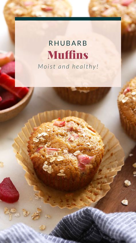 These rhubarb muffins are moist, flavorful, and perfect for a healthy snack. Rhubarb Muffins Gluten Free, Rhubarb Oat Muffins, Rhubarb Muffins Healthy Greek Yogurt, Paleo Rhubarb Muffins, Rhubarb Cinnamon Muffins, Healthy Rhubarb Recipes, Rhubarb Oatmeal, Rhubarb Bread, Rhubarb Muffins