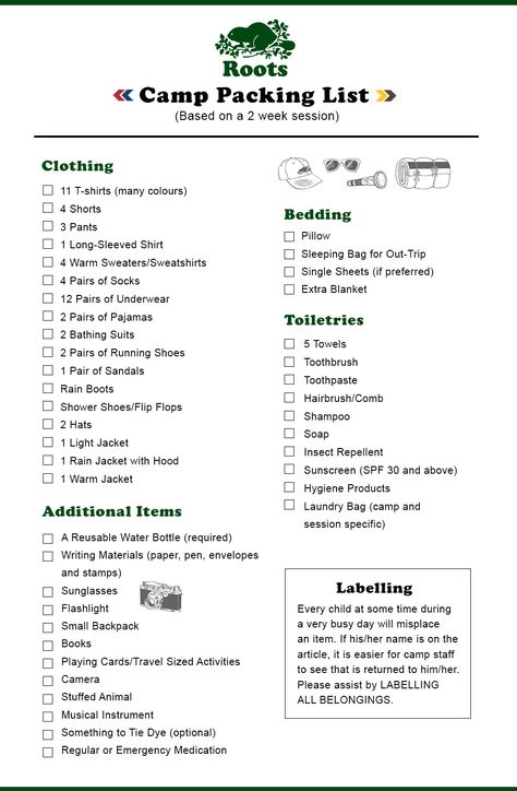 The official Roots Canada summer camp packing list. (We like to think we've got the whole camping thing down pat!) Camp America Packing List, Summer Camp Counselor Packing List, Camp Essentials For Girls Summer, Camping Packing List Women, Soccer Camp Packing List, What To Pack For Summer Camp 1 Week, Things To Bring To Camp, What To Pack For Summer Camp, Summer Camp List