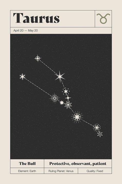 Fleur Folk – Taurus Star Constellation Art Print Taurus Sign Tattoo, Constellations Aesthetic, Taurus Stars, Taurus Star Constellation, Taurus Poster, Past Life Astrology, Star Notebook, Taurus Aesthetic, Constellation Taurus