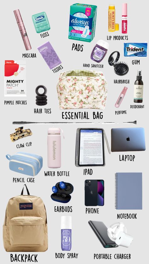 Road Trip Kit, School Emergency Kit, School Backpack Essentials, Preppy School Supplies, School Survival Kits, Everyday Bag Essentials, School Must Haves, School Bag Essentials, Backpack Essentials