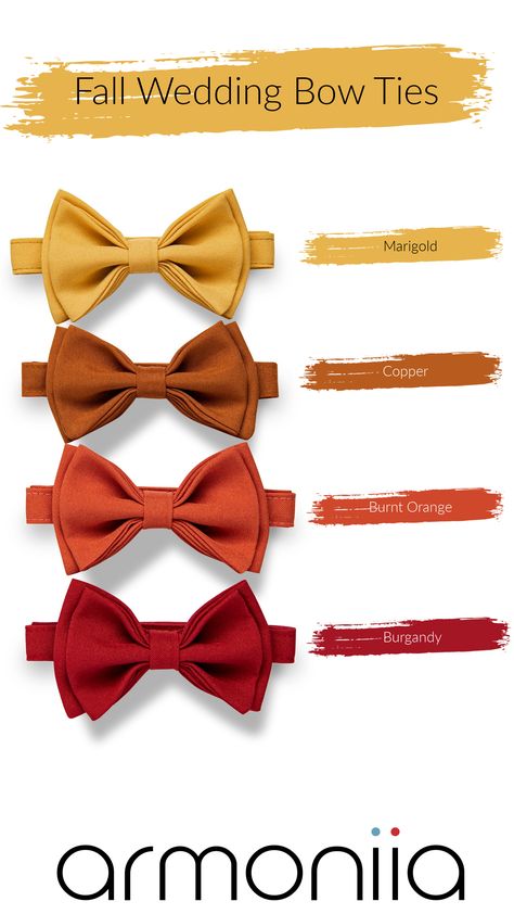 Marigold, copper, burnt orange, burgundy bow ties Fall Wedding Attire, Fall Palette, Bow Tie Wedding, Fall Color, Wedding Attire, Bow Ties, Burnt Orange, Fall Wedding, Fall Colors