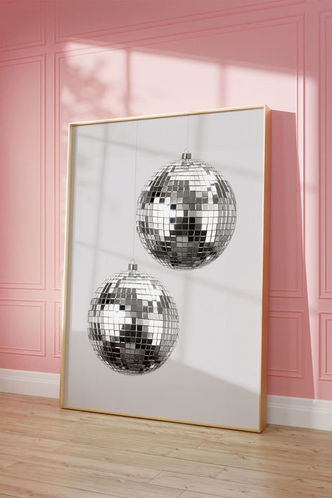 Girly retro disco ball poster for dorm room wall art Mirrorball Artwork, Mirrorball Print, Retro Dorm Decor, Disco Ball Poster, Disco Art, 70s Glamour, Dorm Room Posters, Funky Wall Art, Mirror Ball