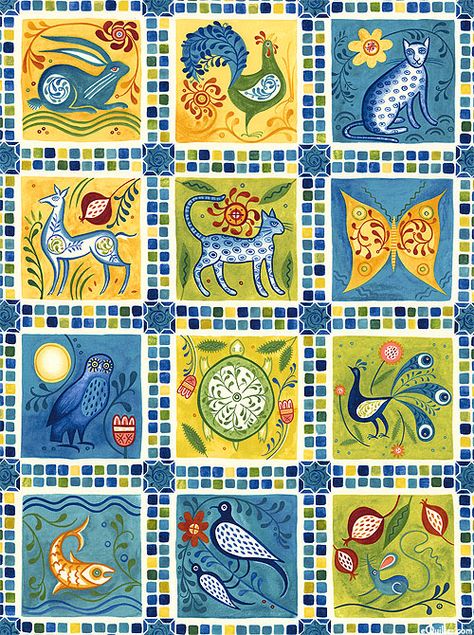 Julie Paschkis - Azuli - Animal Kingdom Tiles - Porcelain Blue - 24" x 44" PANEL - Quilt Fabrics from www.eQuilter.com Julie Paschkis, Panel Drawing, Animal Tiles, Boho Illustration, Small Watercolor, Quilt Fabrics, Desktop Wallpaper Pattern, Print Saree, Free Quilt Patterns