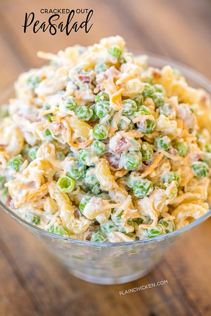 Cracked Out Pea Salad - Macaroni and green peas tossed in mayonnaise, cheddar, bacon and ranch. Seriously delicious!!! Great for potlucks or a side dish with a sandwiches. Great for all your spring and summer cookouts! Can make ahead and refrigerate until ready to serve. It has become our favorite pasta salad recipe!! #pastasalad #sidedish #bacon #ranch Cracked Out Pea Salad, Favorite Pasta Salad, Salad Macaroni, Cracked Out, Summer Pasta Salad Recipes, Pea Salad Recipes, Easy Pasta Salad Recipe, Plain Chicken, Pea Salad