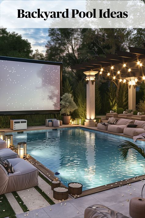 Set up a projector and screen near the pool for outdoor movie nights under the stars, complete with comfortable seating and popcorn. Swimming Pool Backyard, Backyard Pool Ideas, Backyard Swimming Pool, Oasis Backyard, Dream Backyard Pool, Outdoor Pool Area, Pools Backyard Inground, Small Backyard Landscaping Ideas, Pool Backyard