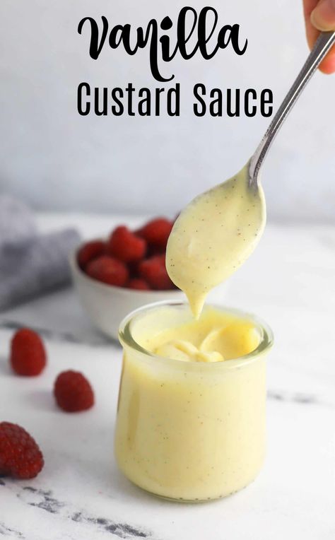 This vanilla custard sauce (aka creme anglaise) is rich, velvety smooth, and full of vanilla flavor. I love pouring this over a fresh fruit, tender apple cake, or bread pudding for the perfect dessert finish. Vanilla Custard Sauce For Bread Pudding, Creme En Glaze, Sauces For Desserts, Cream Anglaise Sauce, Vanilla Custard Sauce, Pudding Sauce, Creme Anglaise Recipe, Fruit Custard, Apple Custard