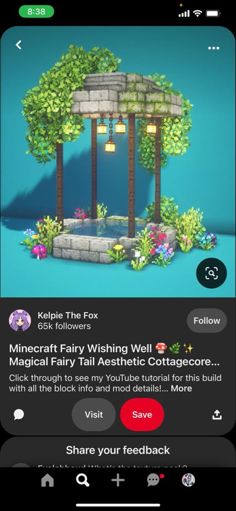 Minecraft Building Ideas Well, Wishing Well Minecraft Cottagecore, Minecraft Pond Fountain, Mini Fountain Minecraft, Fountain Design Minecraft, Minecraft Well Cottagecore, Minecraft Wishing Well Ideas, Minecraft Village Fountain, Minecraft Flower Garden Design