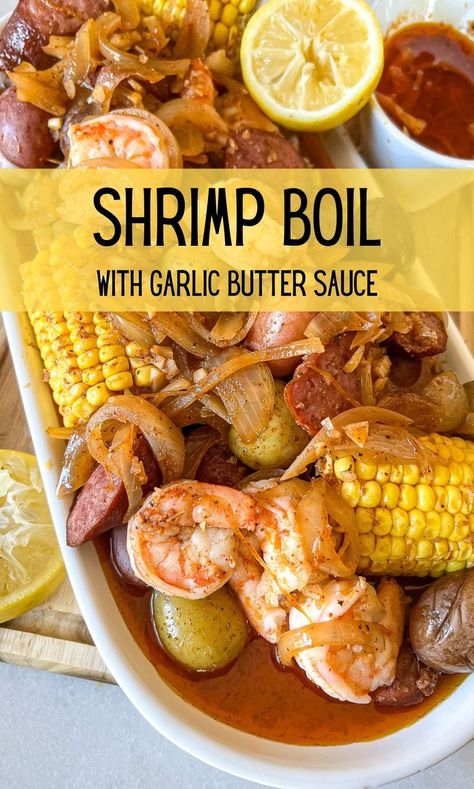 This shrimp boil is a seafood lover's dream! Loaded with supple shrimp, sausage, corn, and potatoes. Then drenched in an amazing garlic butter sauce. #shrimpboil #shrimprecipes #seafoodboil #garlicbuttersauce #shrimp #seafood Shrimp Boil Seasoning, Corn And Potatoes, Shrimp Boil Recipe, Aphrodisiac Foods, Seafood Boil Recipes, Shrimp Sausage, Shrimp Sauce, Delicious Seafood Recipes, Boiled Food