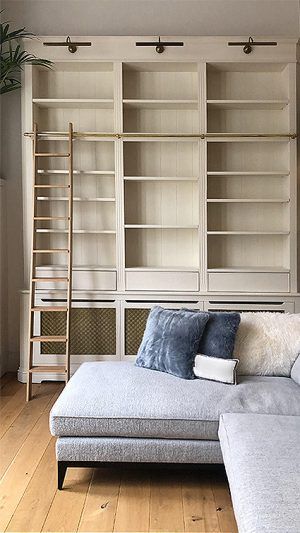 Built In Bookcase With Ladder, Small Library Wall, Radiator Bookcase, Covered Bookshelf, Bespoke Bookcase, Small Home Library, Radiator Cabinet, Custom Library, Home Library Rooms