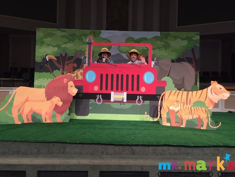 Safari Jeep with Large Cats  | Mr. Mark's Classroom In The Wild Vbs, Safari Vbs, Preschool Jungle, Vbs Jungle, Safari Scene, Jungle Theme Classroom, Safari Jeep, Jungle Decorations, Vbs Decorations