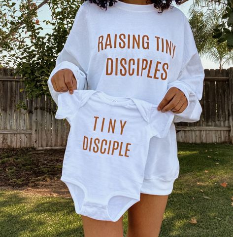 Match your little in faith and fashion. The perfect set to add to your closet! Christian Gifts For Him, Jesus Clothes, Christian Shirts Designs, Newborn Mom, Pregnancy Announcements, Baby Life, Christian Clothing, Christian Shirts, Future Baby