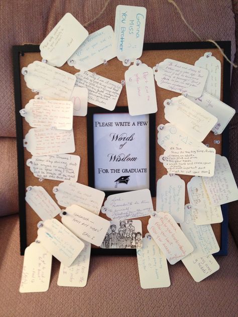 I got this idea from another pin, and loved the idea!  I found this frame on sale at Kohl's and had a table out for the guests to write messages for my son who graduated but also was moving out of state! Later, the cards were put on a ring for him to look at later. Farewell Names For Seniors, Farewell Party Ideas School Decoration, Decor Ideas For Farewell Party, Name For Farewell Party, Farewell Party Name Ideas, Decoration Ideas For Farewell Party In School, Name Decorations, Graduation Tables, Farewell Parties