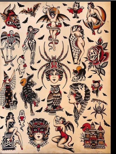 American Traditional Tattoo Flash Sheet, American Traditional Flash Sheet, Spooky Traditional Tattoo, Oldschool Tattoo Traditional, Traditional Tattoo Girls, Flash Art Tattoos, Traditional Tattoo Flash Sheets, Tato Flash, Tato Tradisional