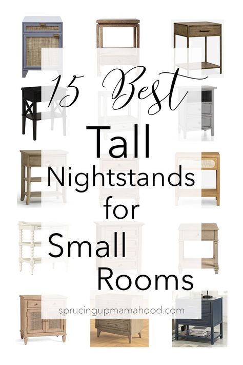 A round-up of the best 15 Tall Nightstand Ideas for Small Rooms #bedroomfurniture #nightstandoptions #smallbedrooms #narrownightstands Small Bedroom End Tables, Nightstand In Living Room, Small Space Bedside Table Ideas, Tall Nightstand Ideas Diy, Nightstand Ideas For Small Spaces, Bedroom Nightstands Ideas, Nightstand For Tall Bed, Affordable Nightstand Ideas, Tall Night Stands Bedside Tables